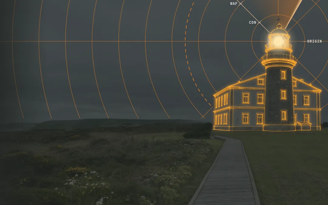 The edge-security opening at rest: the Cabo Peñas lighthouse with its outline in orange and the radar sweep