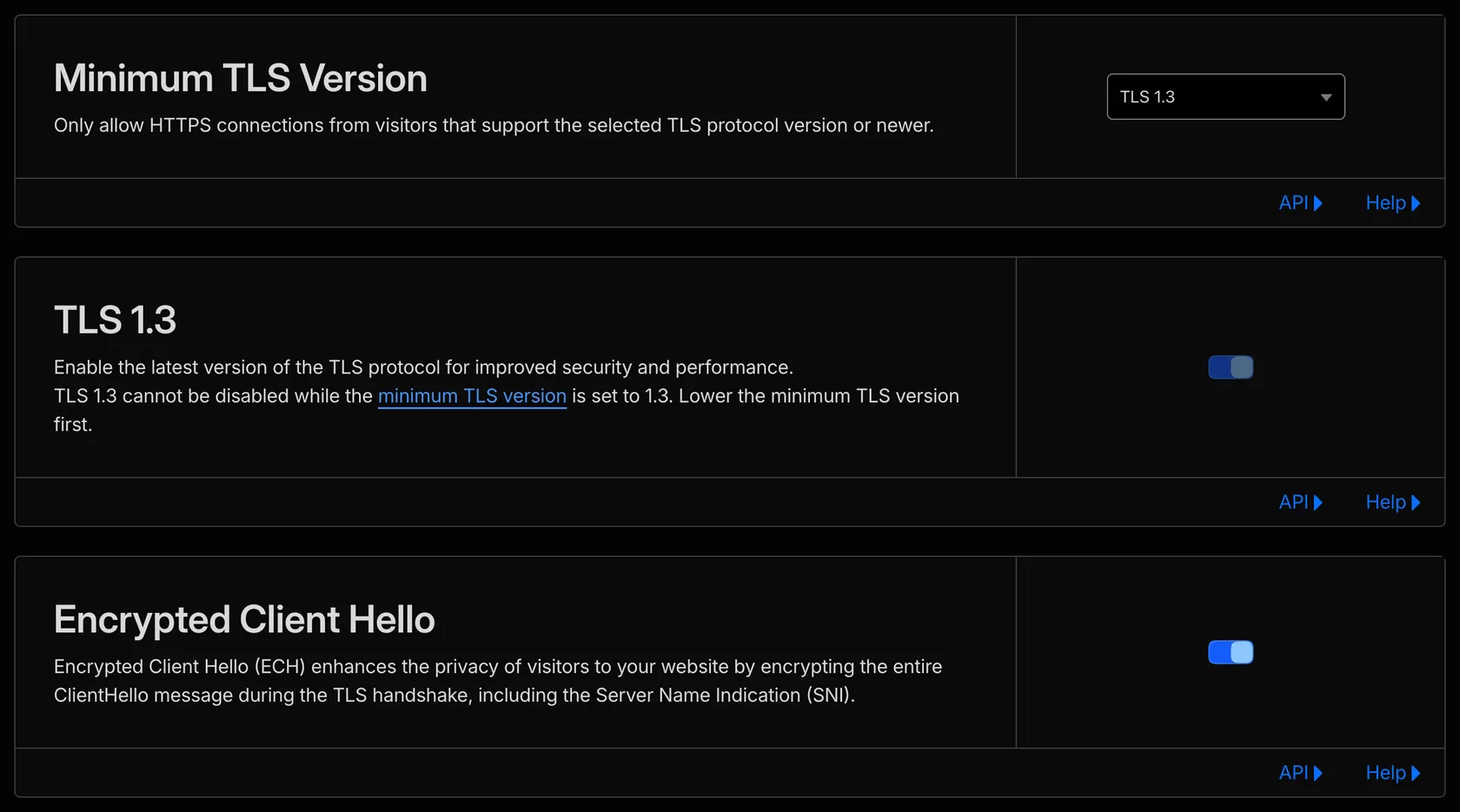 Cloudflare dashboard: minimum TLS version 1.3, TLS 1.3 on and Encrypted Client Hello on