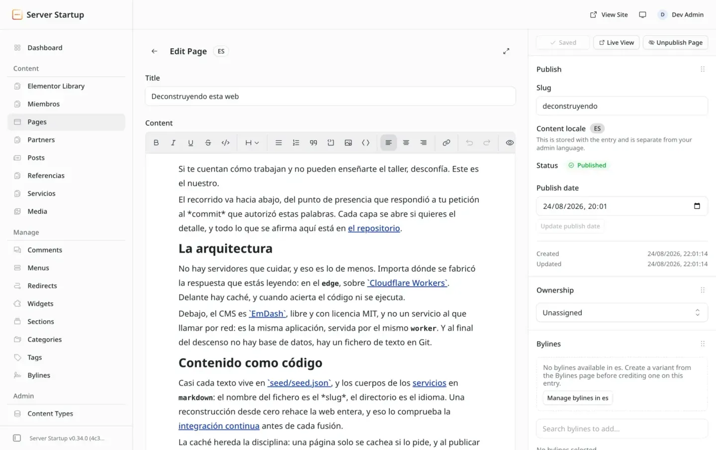 The EmDash editor with the Deconstructing this website page open
