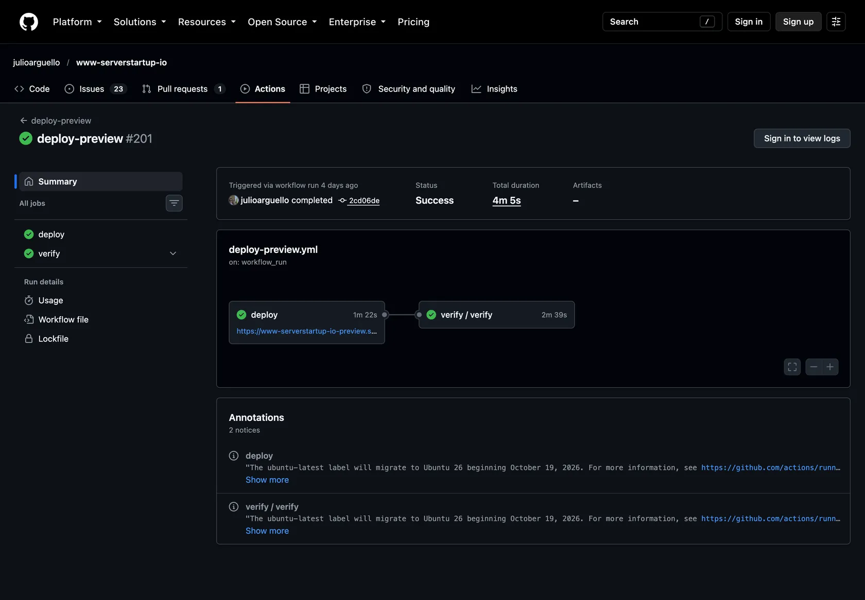 A deploy-preview run on GitHub Actions: deploy and verify green