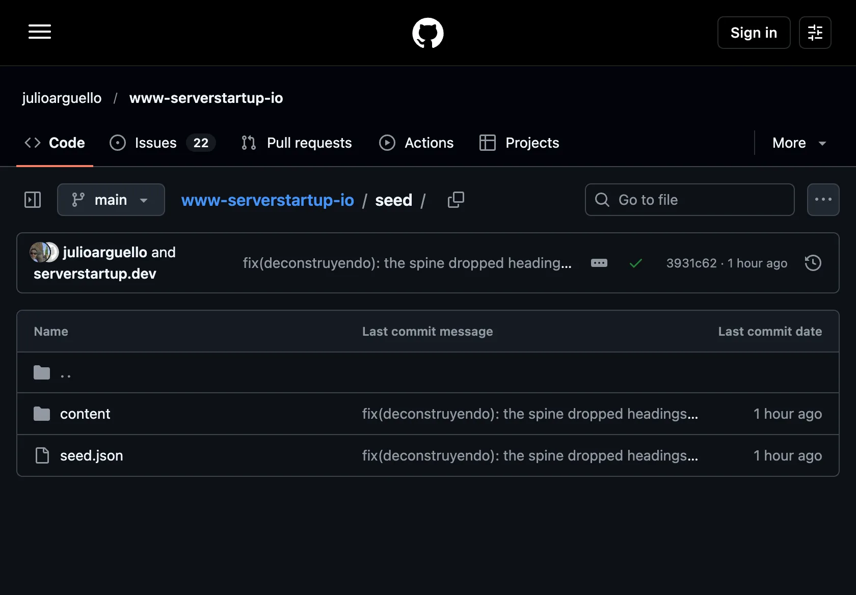 The repository's seed folder on GitHub, with seed.json and the content folder